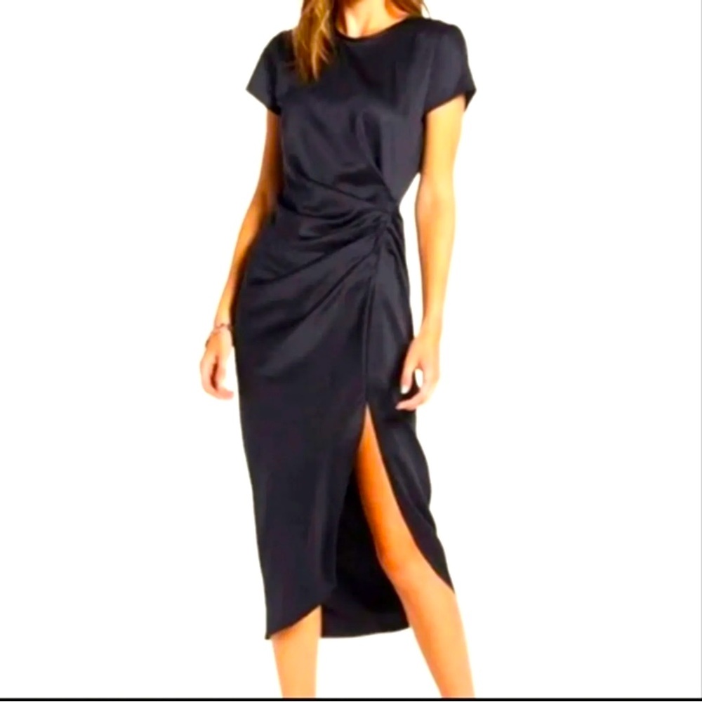 Somethingnavy Black midi ruched satin effect dress